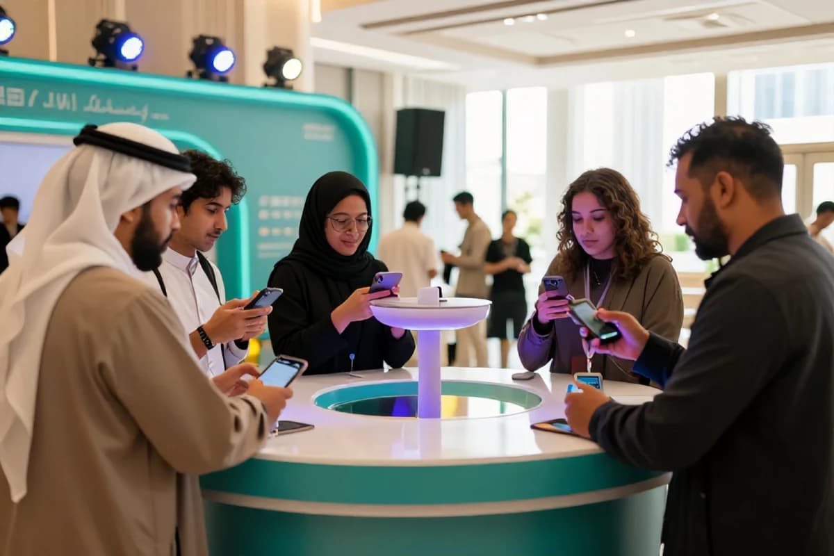 People engaging with an interactive brand activation station in a Dubai venue, capturing an experience on mobile devices
