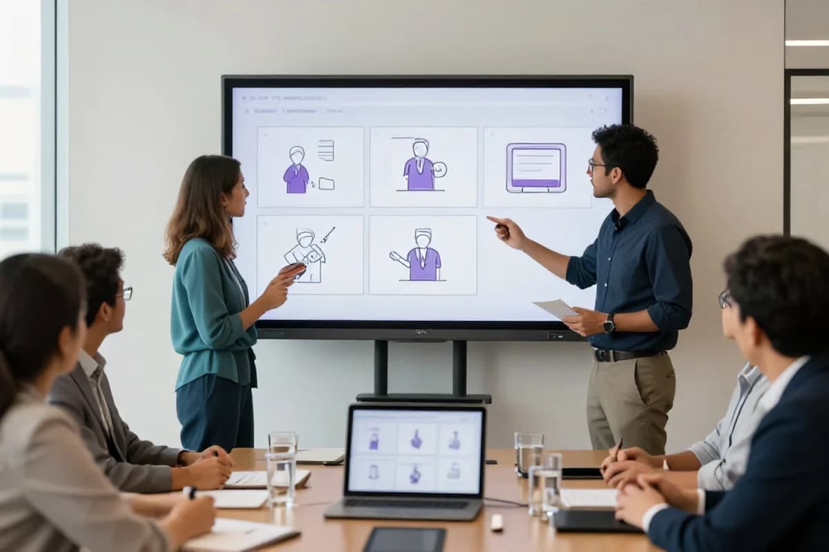 Team reviewing explainer video storyboards on a screen in a Dubai office