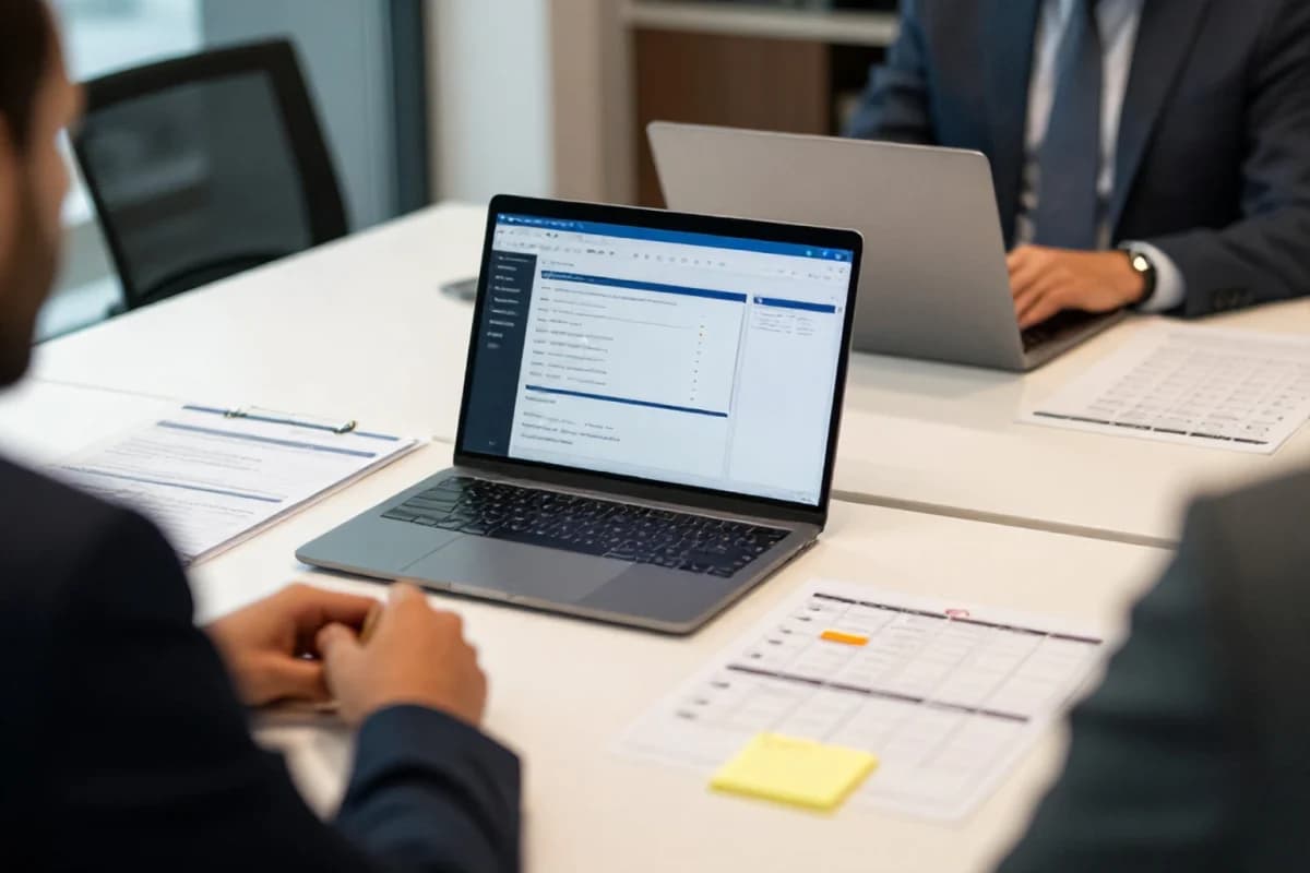 People reviewing a marketing dashboard and Q4 calendar planning on a meeting table.