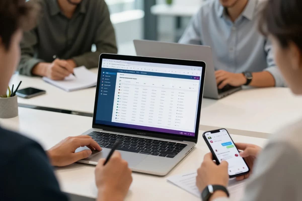 Team members reviewing CRM setup on a laptop and phone in a modern office.