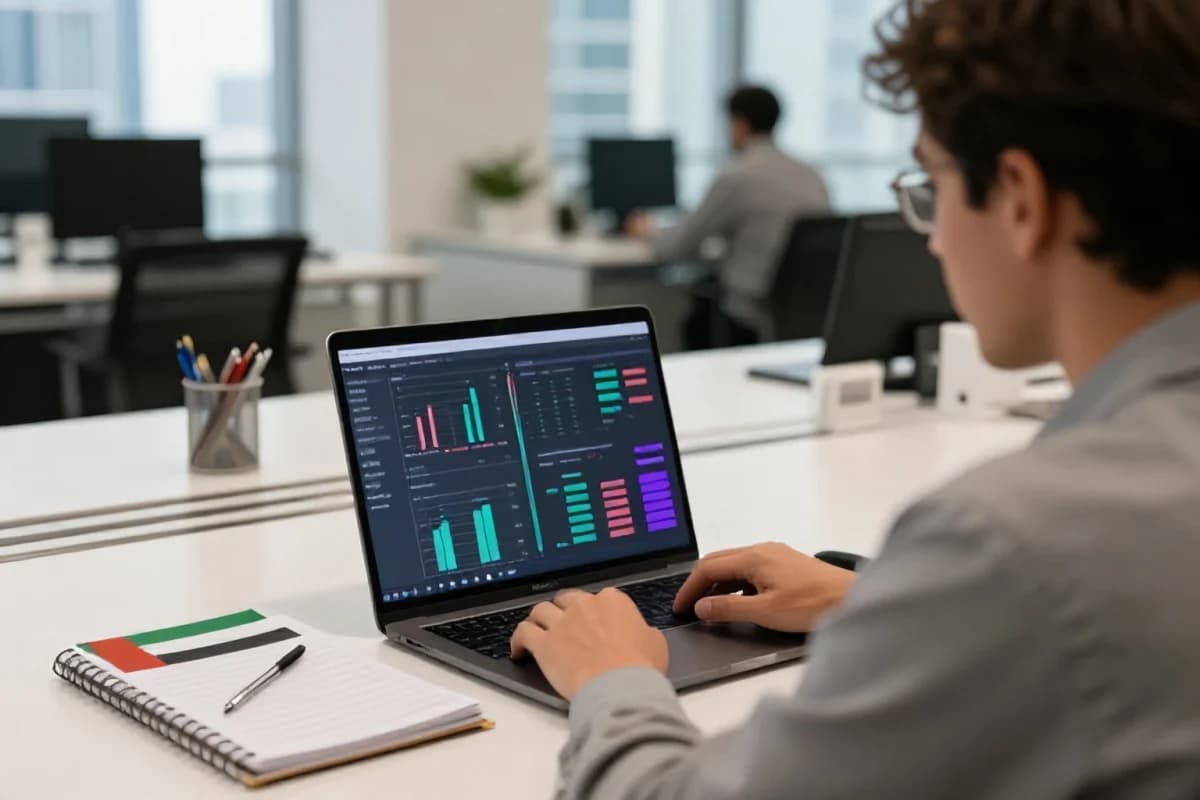 A person reviewing a marketing ROI dashboard on a laptop in a modern Dubai office