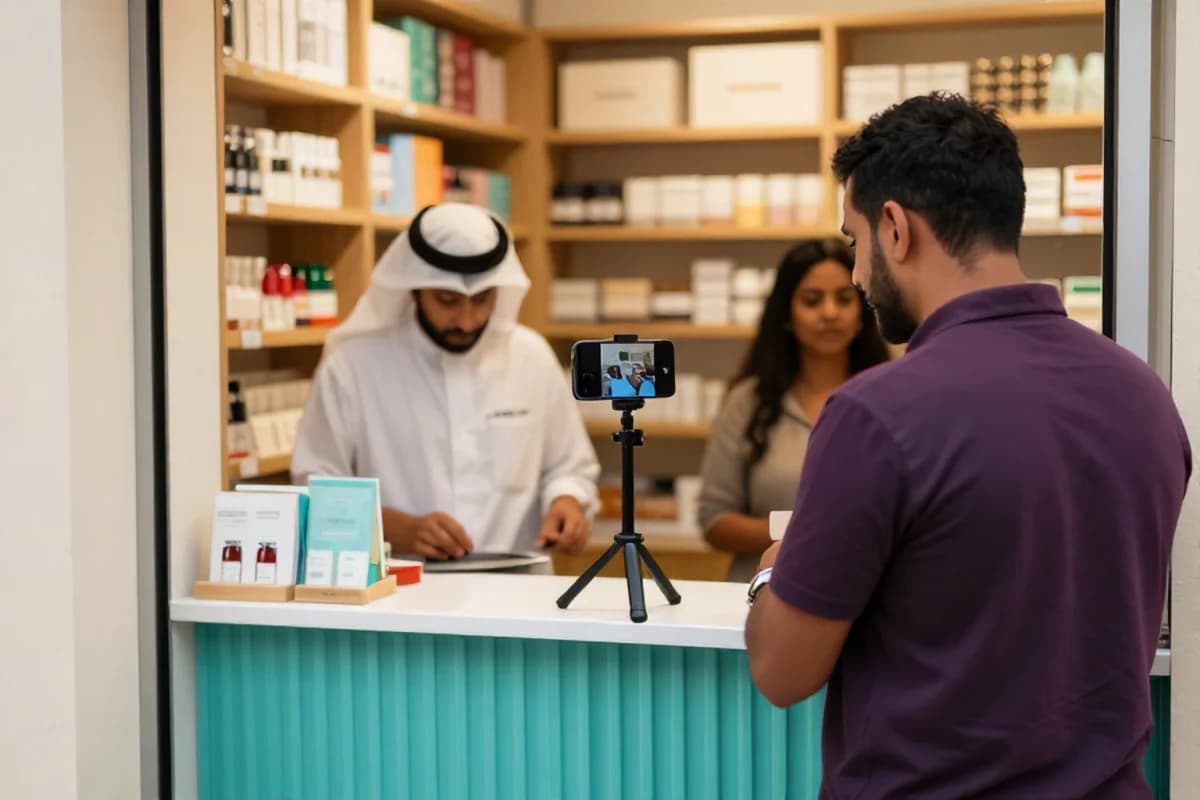 A Dubai small business owner filming a product video on Instagram using a smartphone tripod in a store