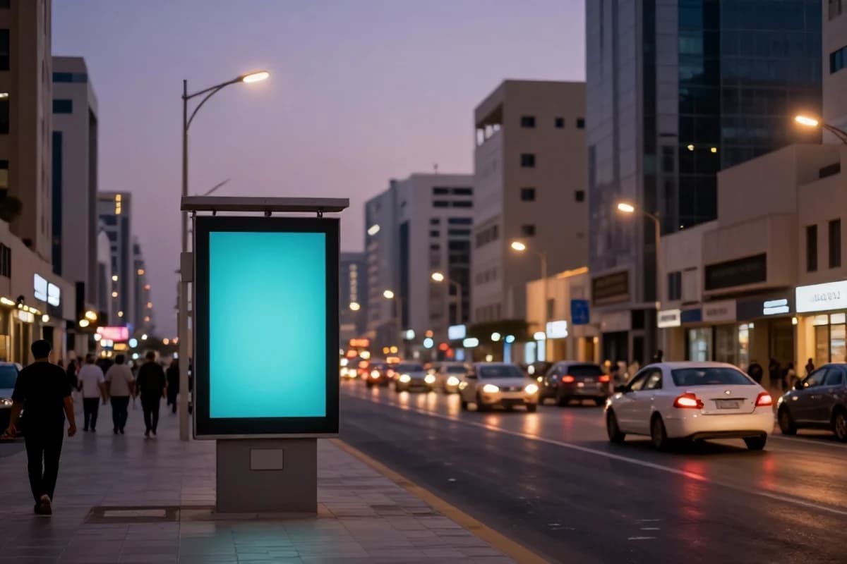 A dusk city street in Dubai with a roadside billboard and moving traffic, showing outdoor advertising context