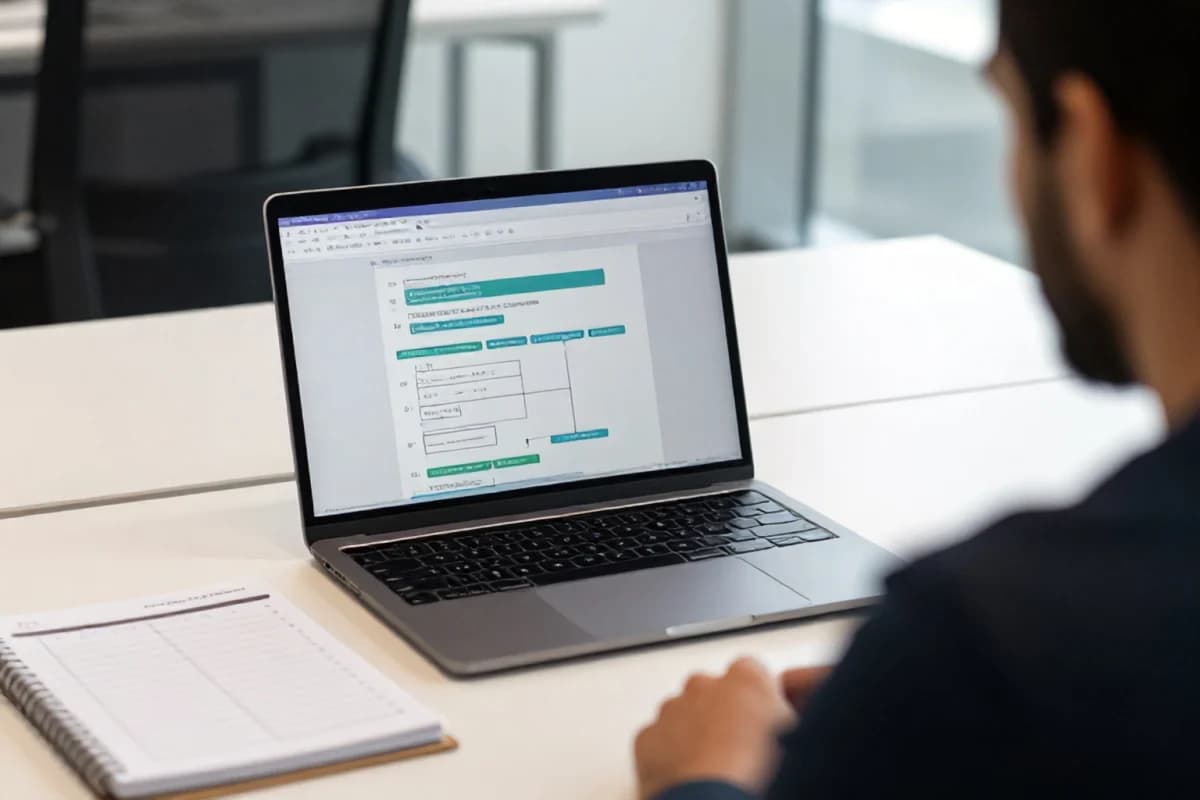 A laptop showing a flowchart for question-to-answer planning in a Dubai office, with an October–November planner nearby.